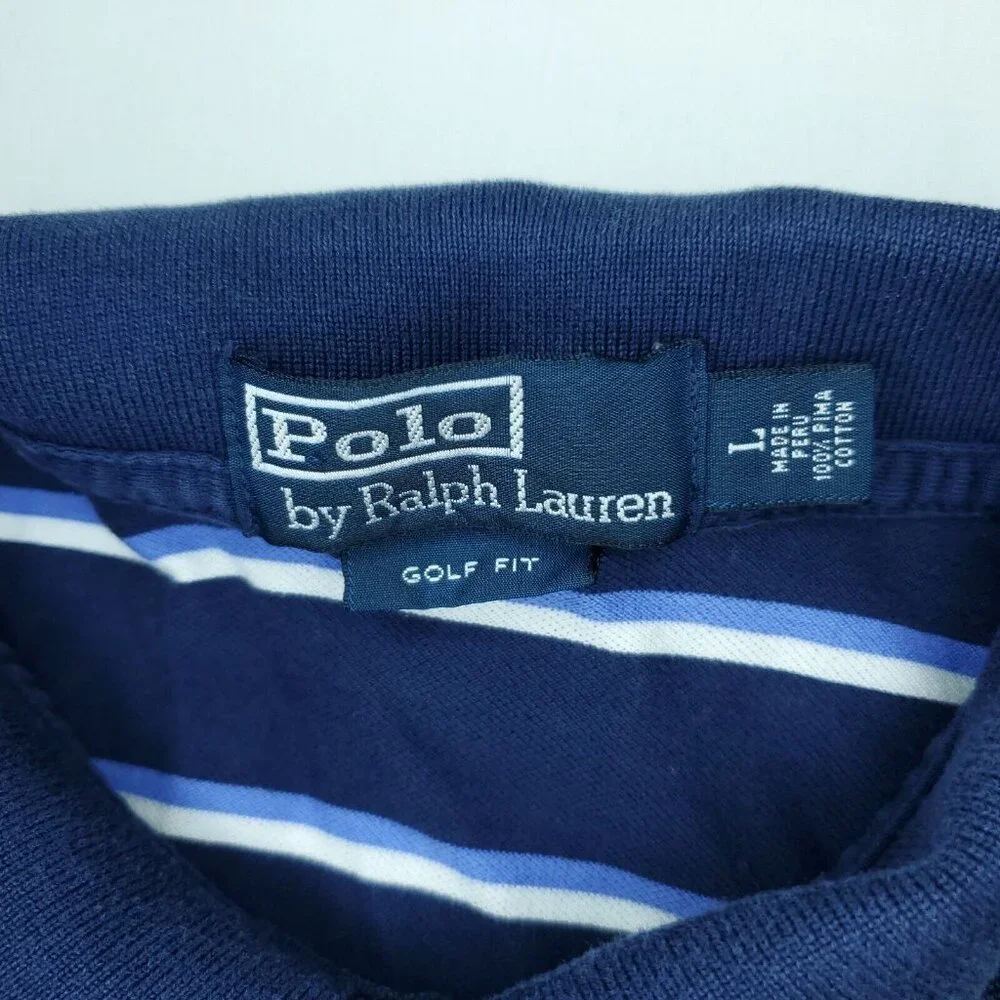 Vintage Ralph Lauren Polo Shirt Mens Large Blue Golf Fit Pima Cotton Striped
